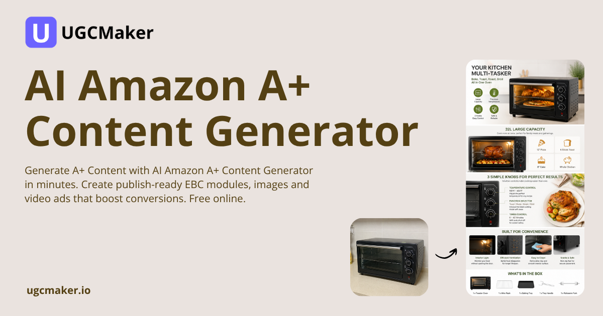 Generador de contenido A+ de Amazon con IA — crea contenido A+, anuncios de video UGC e imágenes en minutos