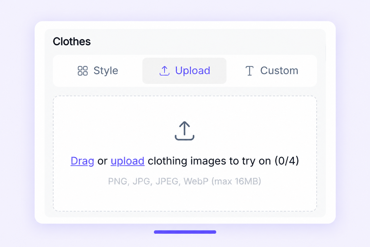 UGCMaker AI Clothes Changer clothing upload panel