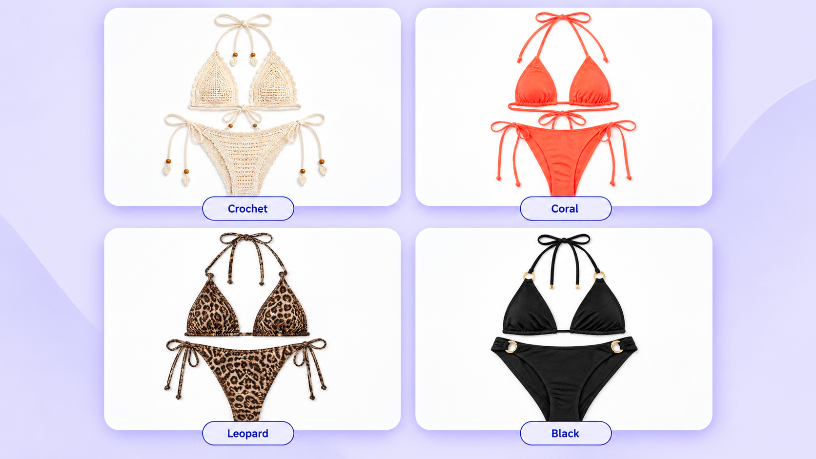 Four bikini garment references used for the virtual try-on examples: crochet, coral, leopard, and black