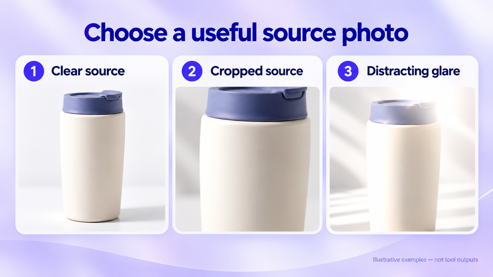 Conceptual product-photo preparation showing a clear mug source, a cropped source, and a source with distracting glare