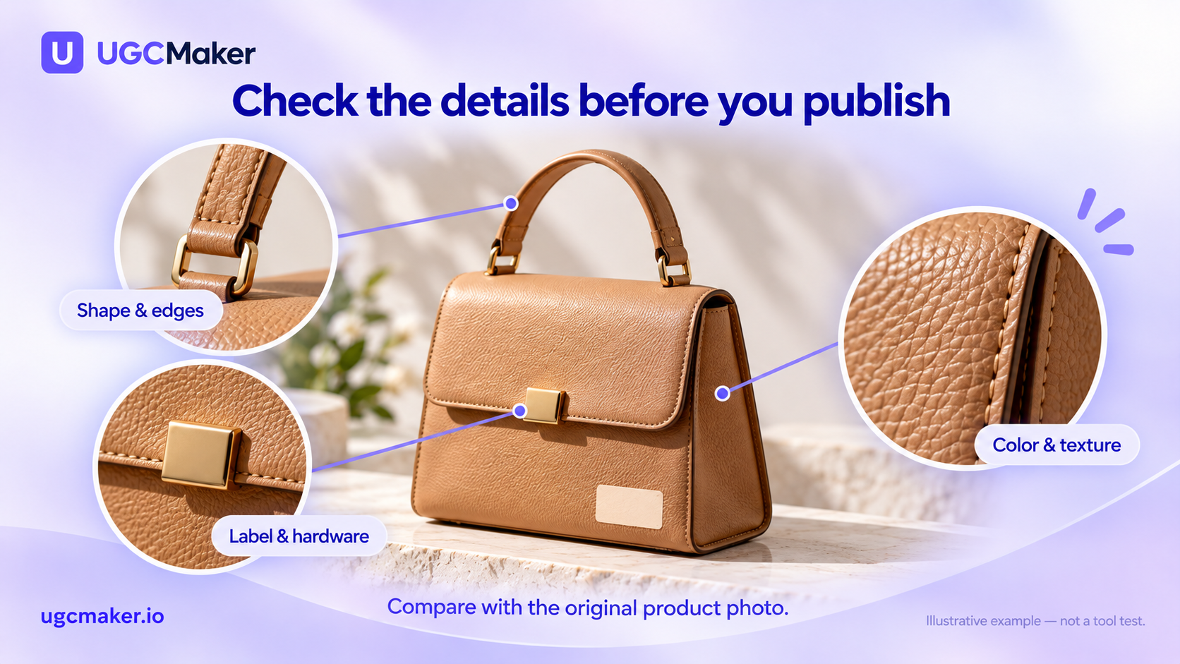 Handbag inspection illustration highlighting outline, hardware, label and material texture