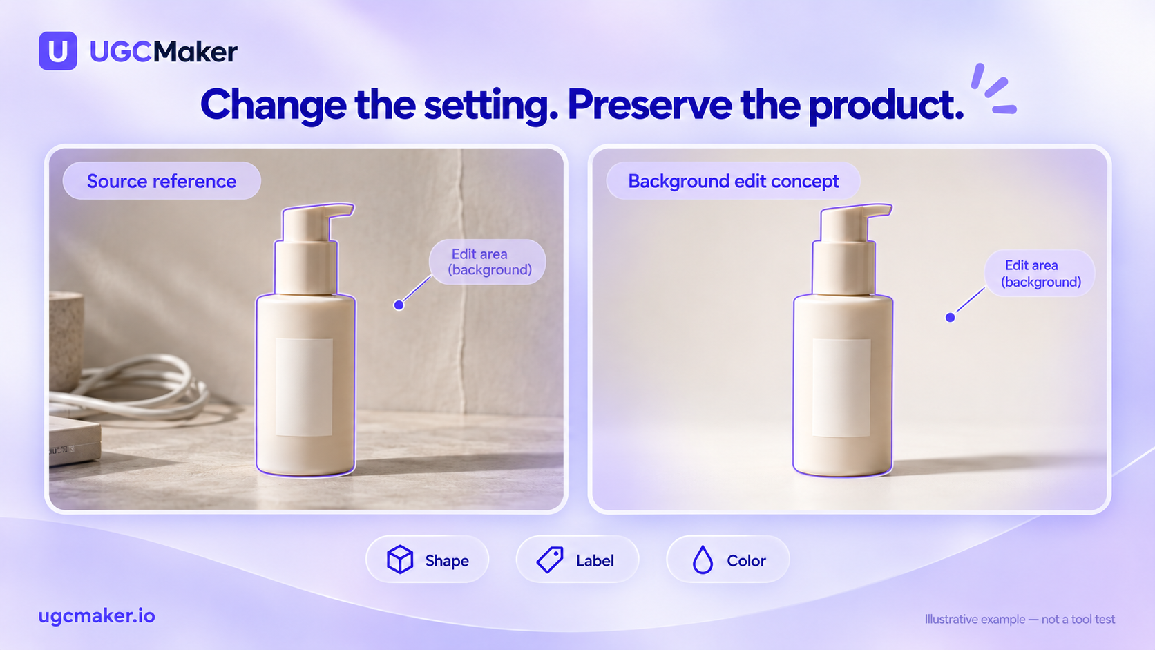 Illustrative product bottle showing the background edit area while the bottle shape, label and color remain the reference