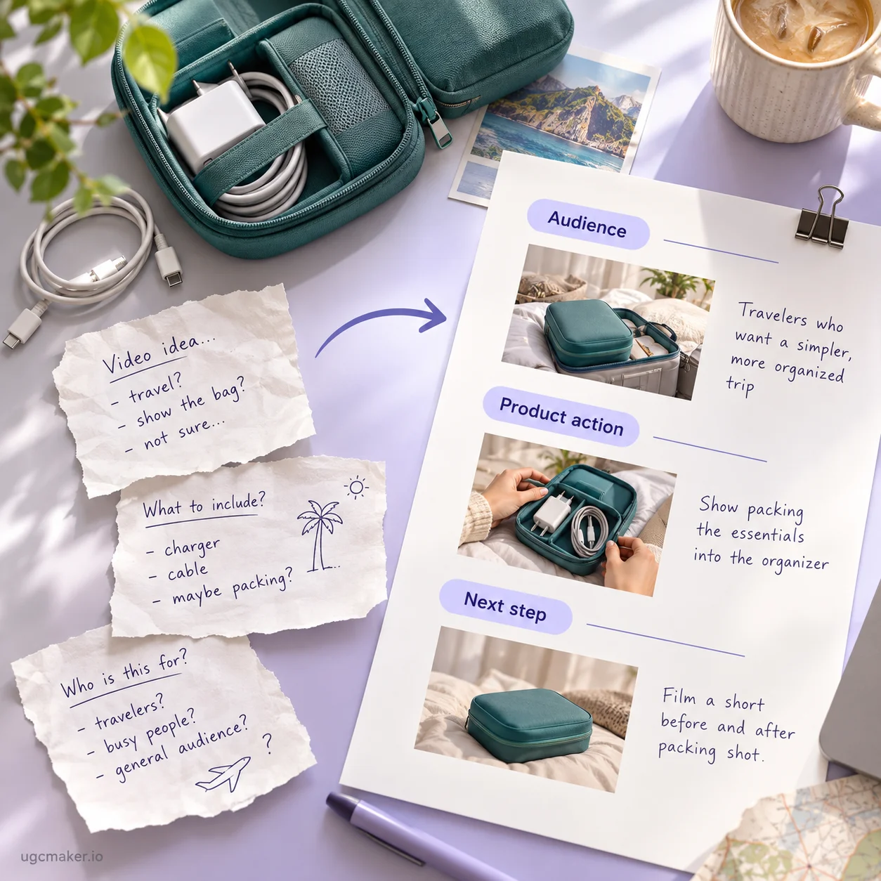 Concept illustration of turning scattered video ideas into a brief with audience, product action, and next step.