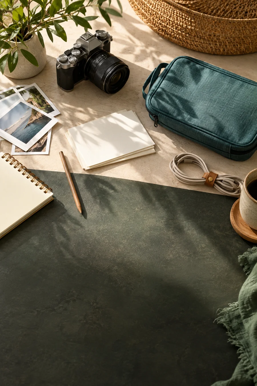 Mesa ilustrativa de planejamento de e-commerce com estojo e câmera; não é foto de cliente.