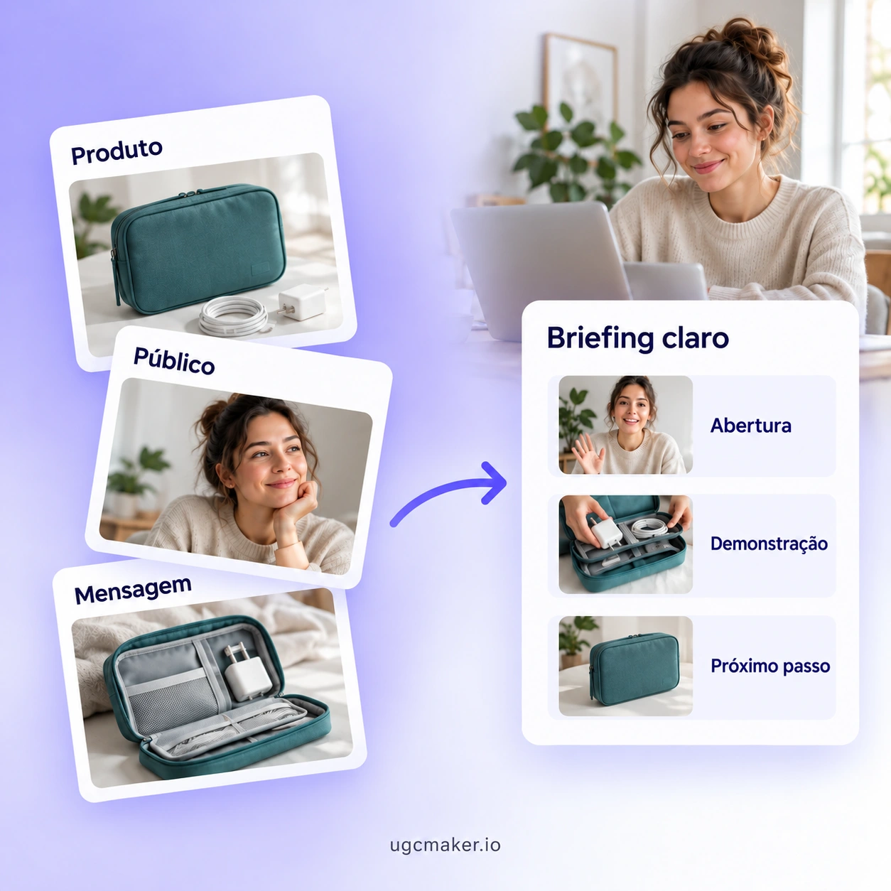 Ilustração de uma ideia de produto transformada em um briefing claro para criadores.